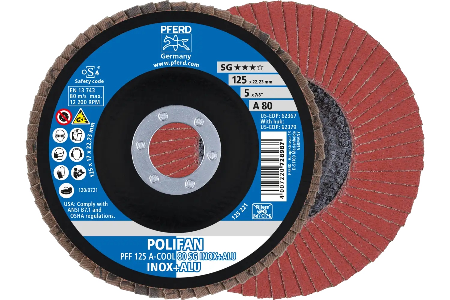 Picture of Pferd Flap Disc, 5" x 7/8, A-Cool SG Inox+ALU, 80 Grit, T27, Flat, Aluminum oxide